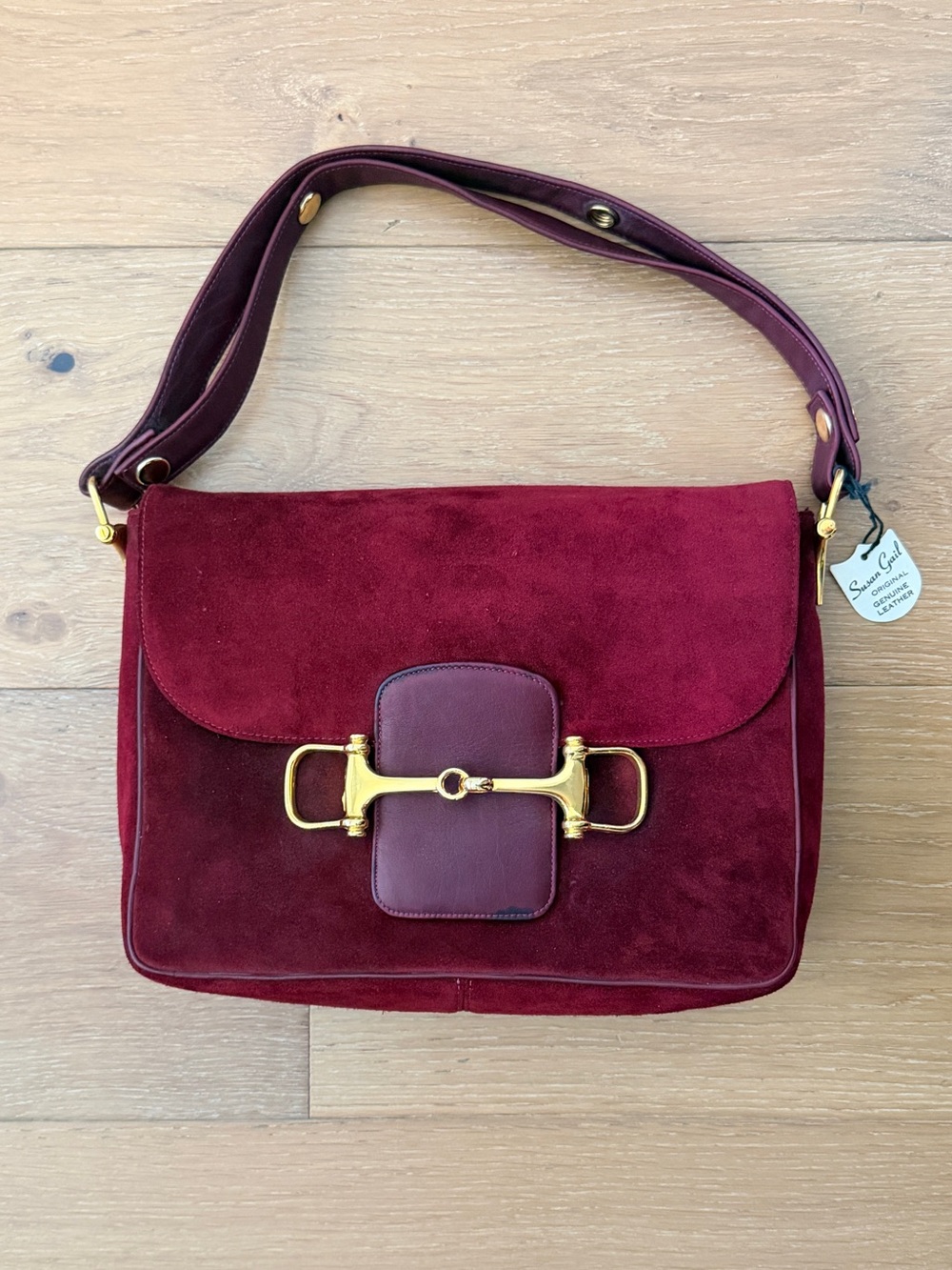 NWT Vintage 70s Susan Gail Burgundy Suede Leather Horsebit Shoulder Bag Purse